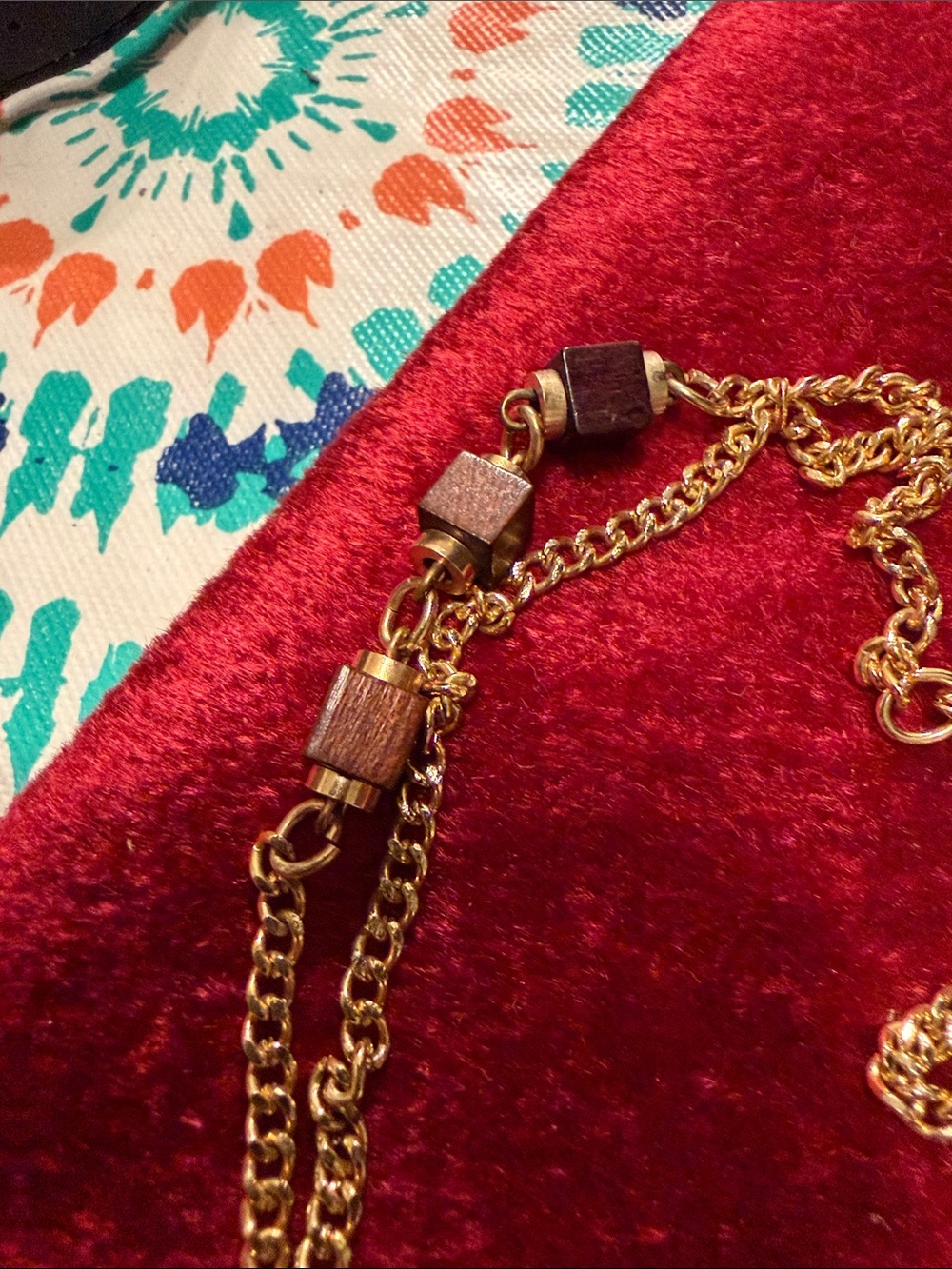 2 qty Gold tone vintage Chain Necklace with Brown Wood Beads great clasp 16”